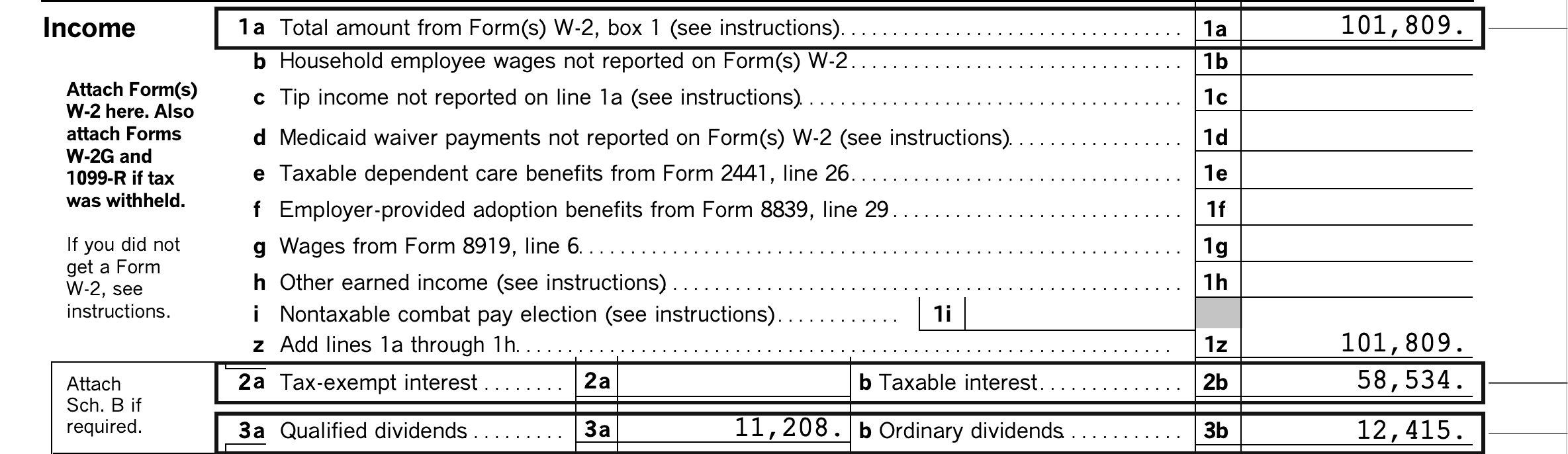 Rows 1a to 3b of a sample Form 1040: wages, taxable interest, and ordinary dividends