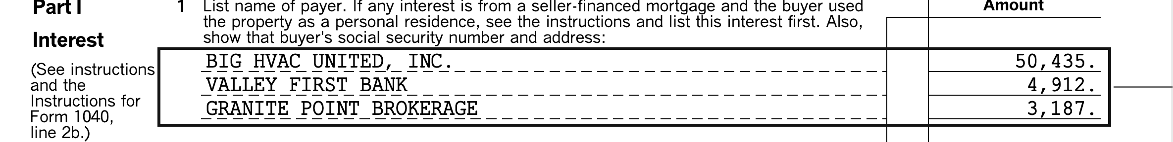 Schedule B Part I of a sample return: the interest payer roster