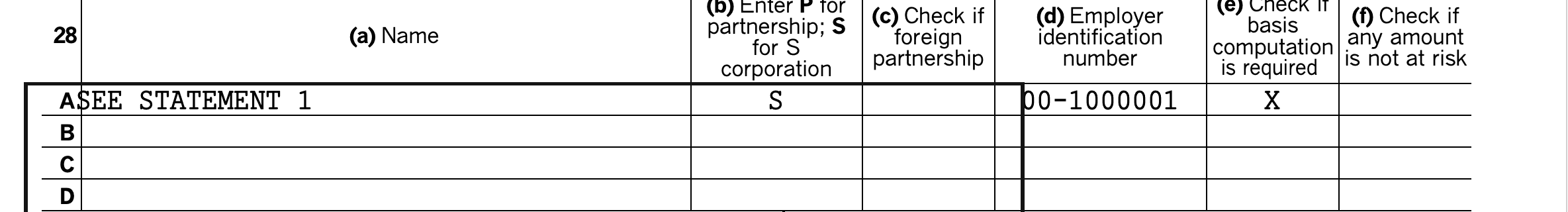 Schedule E Part II of a sample return: the entity roster row